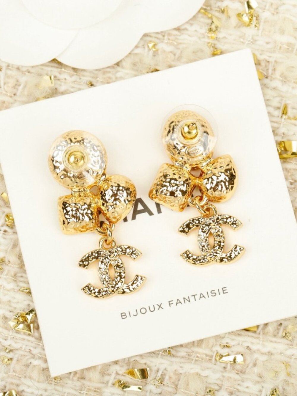 Chanel Gold-Tone Hammered Bow CC Drop Earrings
